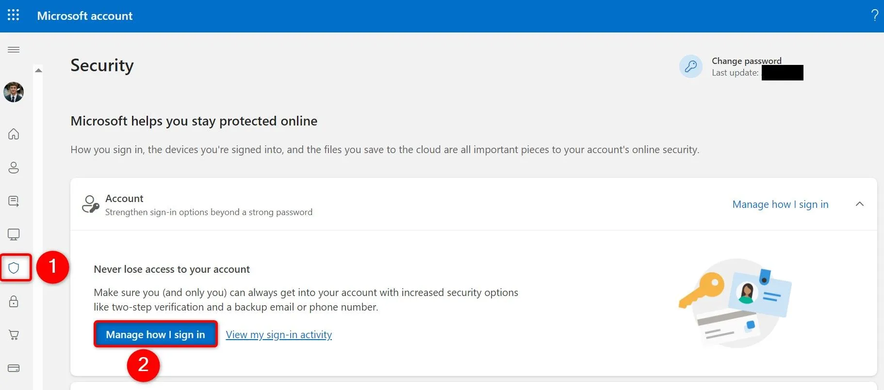 Màn hình quản lý cách đăng nhập của Microsoft, với tùy chọn &quot;Manage How I Sign In&quot; được chọn