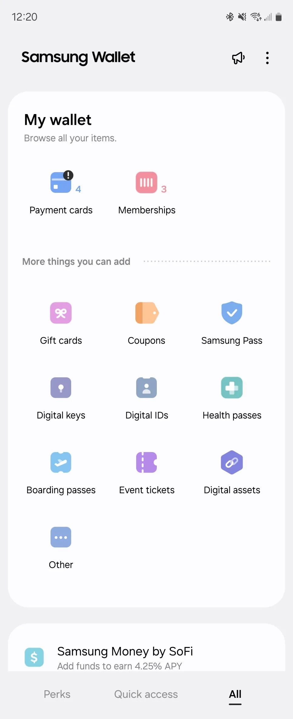 Màn hình Samsung Wallet hiển thị danh sách đa dạng các tài sản có thể lưu trữ, bao gồm thẻ ngân hàng, tài sản kỹ thuật số và chìa khóa.