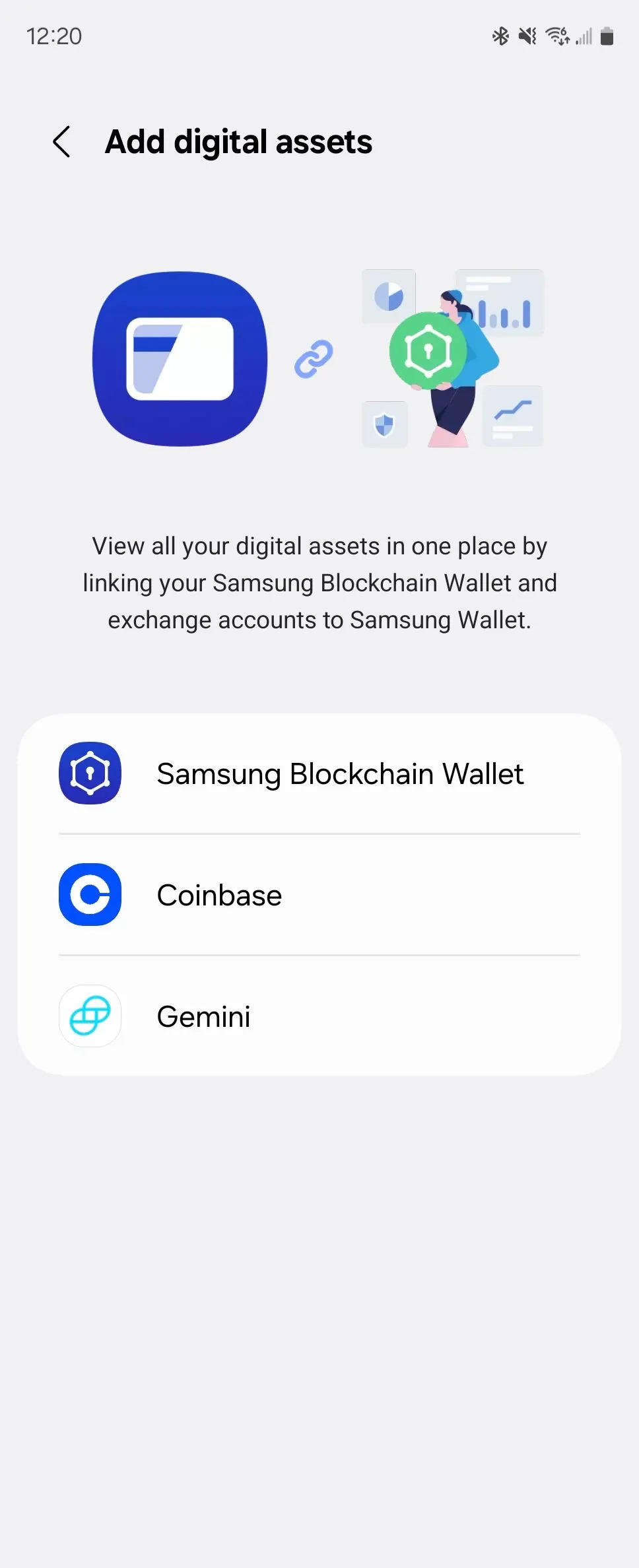 Màn hình Samsung Wallet liệt kê các tùy chọn lưu trữ tài sản kỹ thuật số như tiền mã hóa, chứng chỉ và giấy tờ cá nhân.