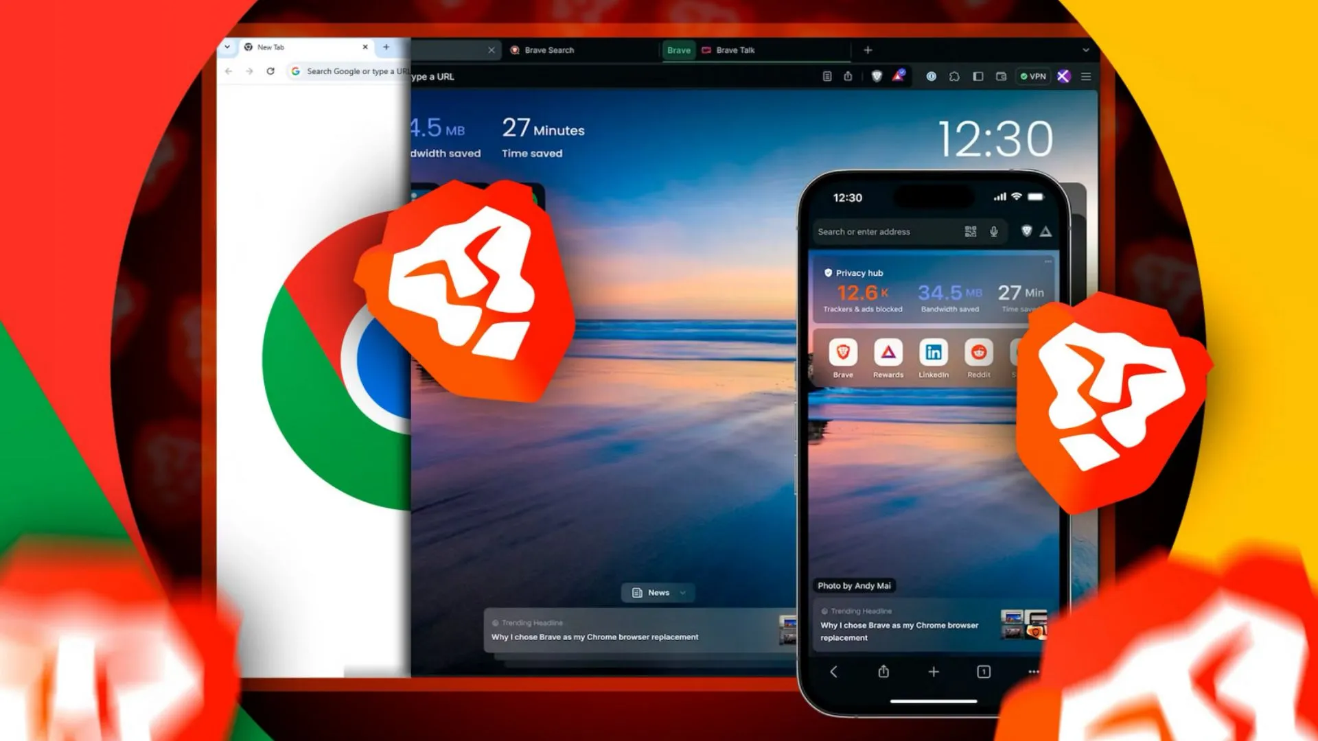 Màn hình so sánh giữa trình duyệt Chrome và Brave, Brave chiếm ưu thế về không gian hiển thị