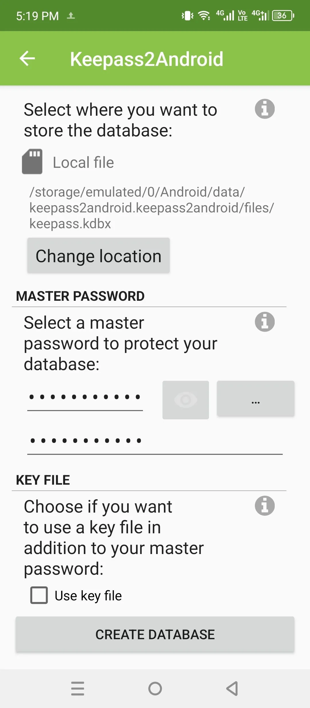 Màn hình tạo cơ sở dữ liệu (vault) mới trong ứng dụng KeePass2Android, hiển thị các bước thiết lập bảo mật.