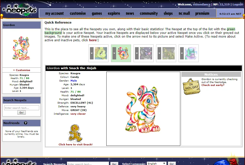 Màn hình trạng thái Neopets hiển thị các thú cưng ảo và thông số sức khỏe, tài chính, minh họa giao diện game nuôi thú ảo kinh điển trên trình duyệt.