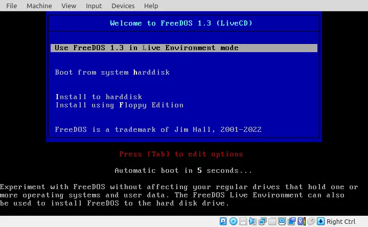 Màn hình tùy chọn khởi động của FreeDOS sau khi boot từ ISO
