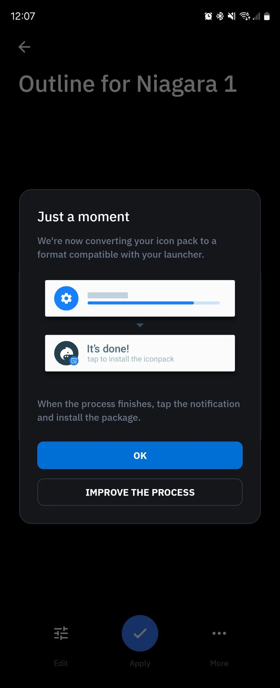 Màn hình xác nhận quá trình xuất gói biểu tượng tùy chỉnh thành tệp APK trong Icon Pack Studio.