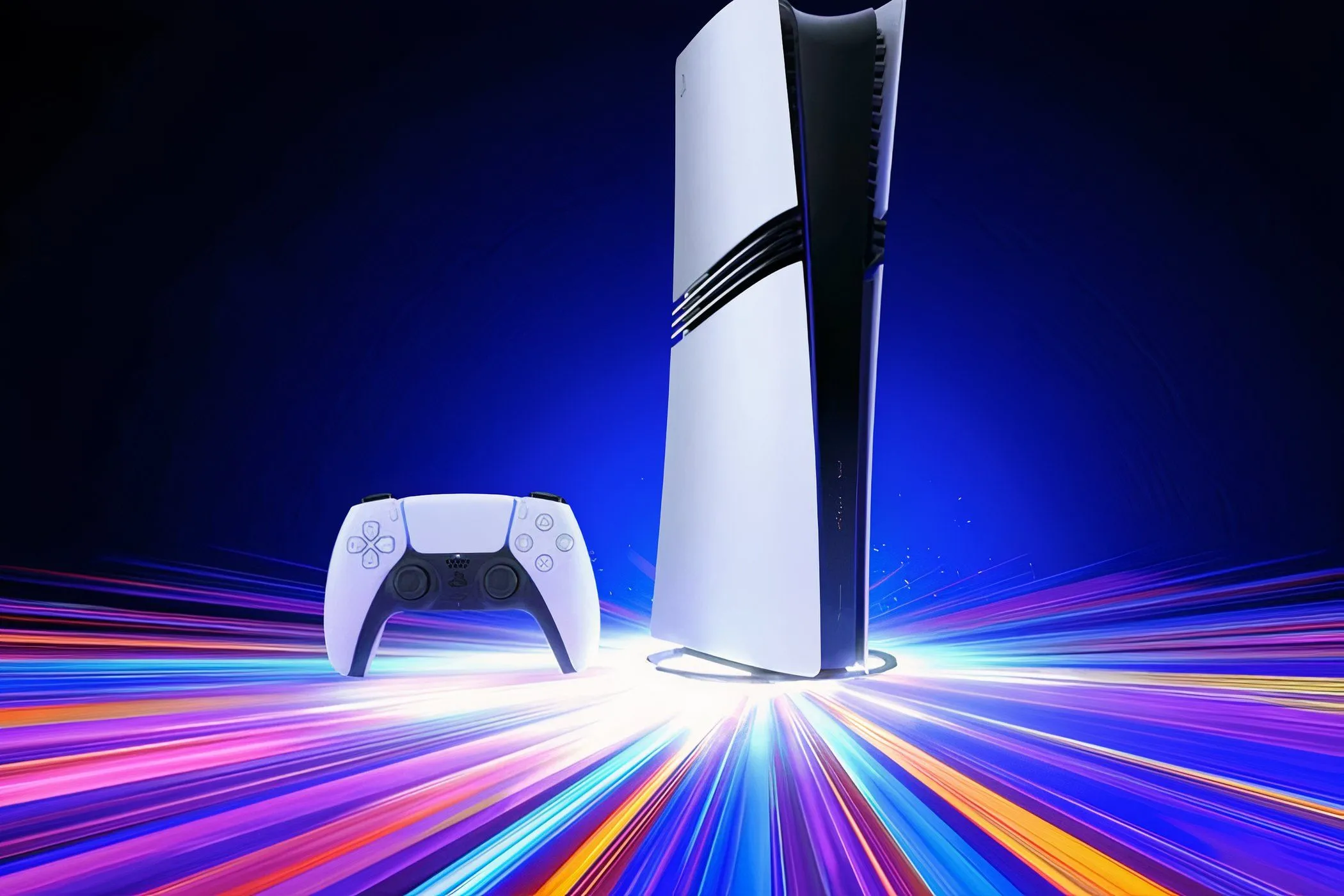 Mặt trước của máy chơi game PlayStation 5 Pro với đèn chiếu sáng màu xanh lam