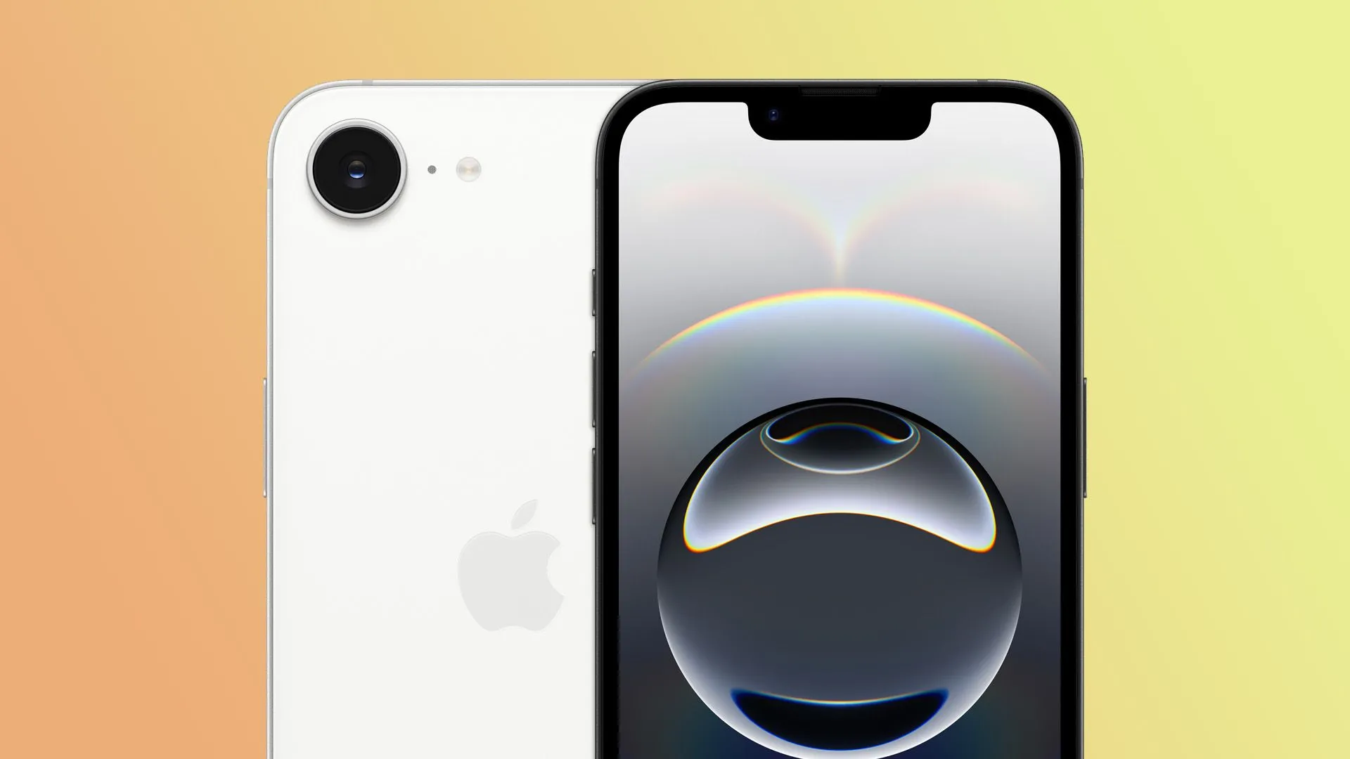 Mặt trước và mặt sau của iPhone 16e với thiết kế nguyên khối, làm nổi bật thông số kỹ thuật camera.