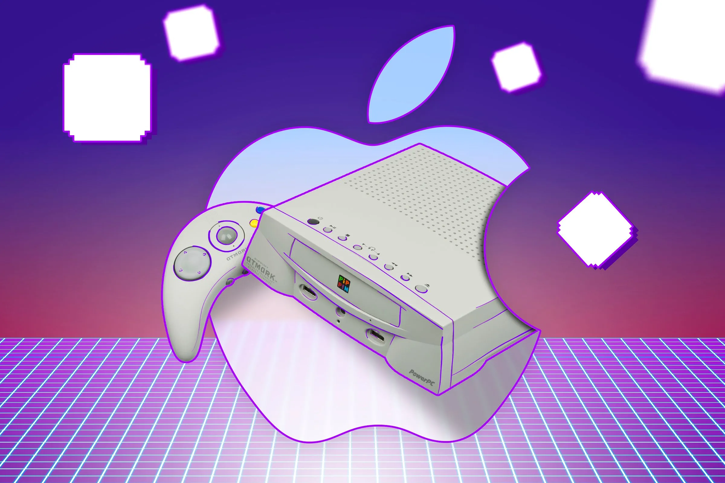 Máy chơi game Apple Pippin màu đen trên nền phong cách game retro.