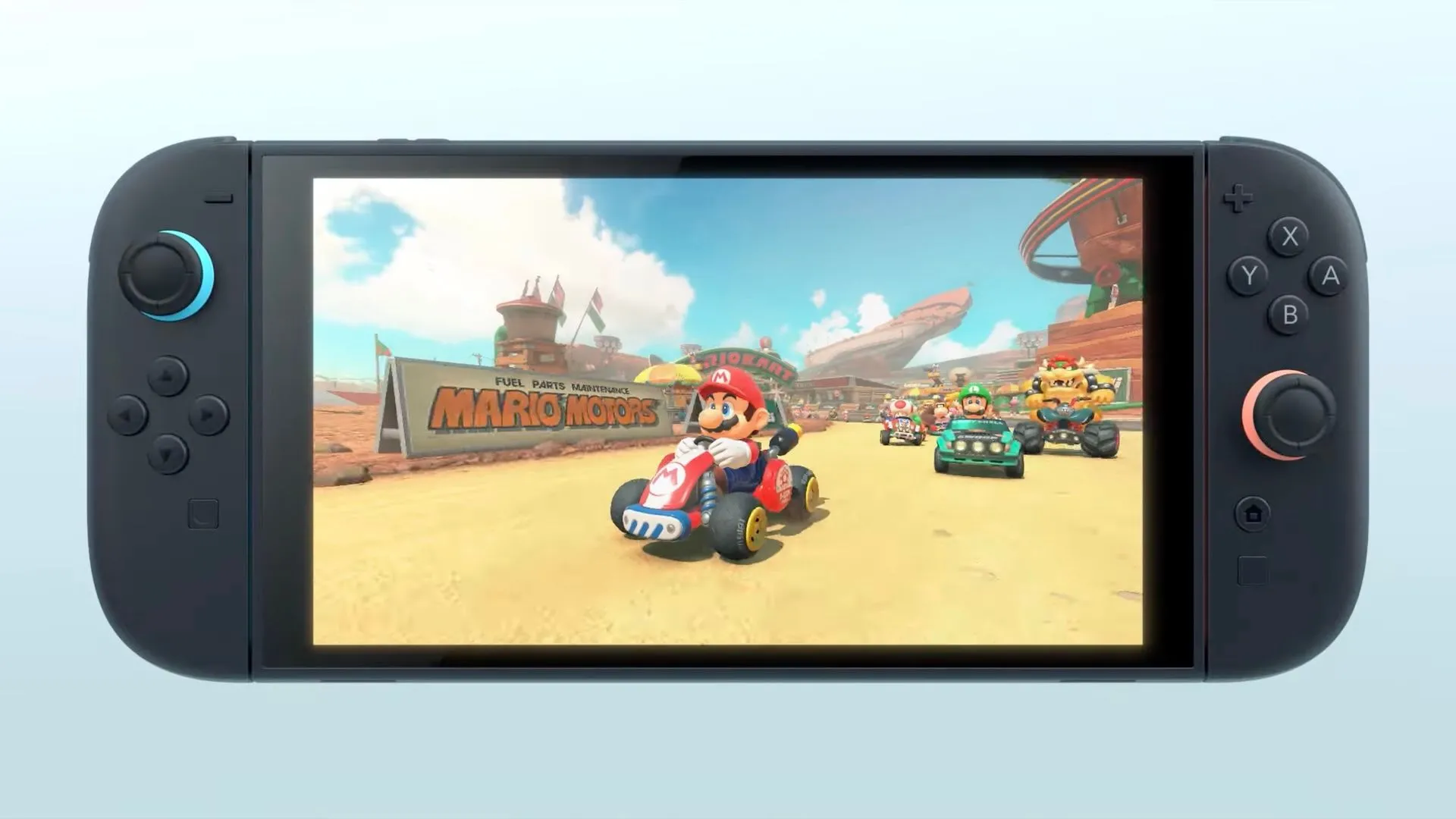 Máy chơi game Nintendo Switch 2 hiển thị hình ảnh sắc nét của trò chơi Mario Kart trên màn hình LCD 7.9 inch được nâng cấp.