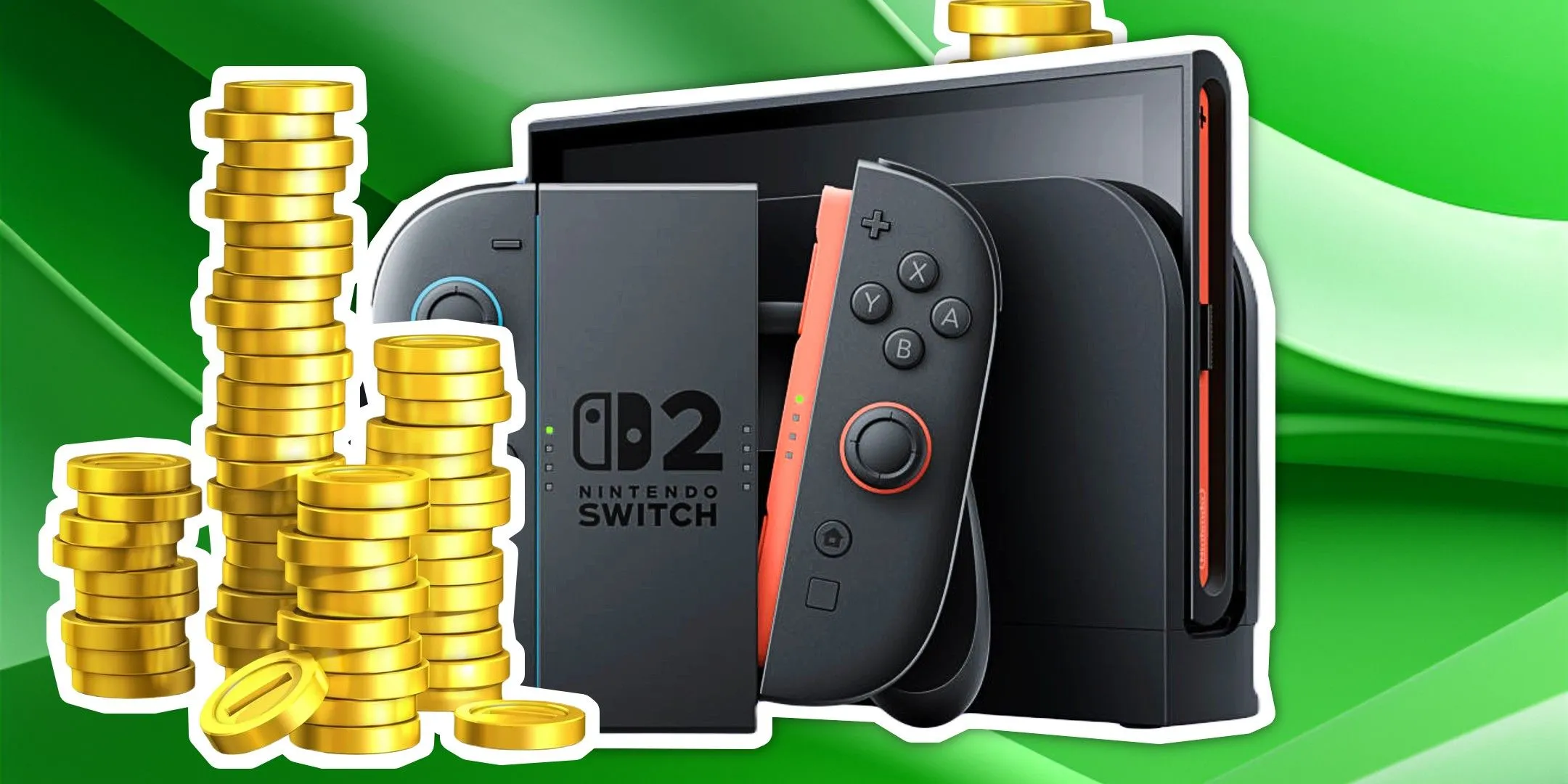 Máy chơi game Nintendo Switch đặt cạnh những đồng tiền vàng, biểu tượng cho thành công vang dội và giá trị kinh tế mà Nintendo Switch mang lại cho thị trường game
