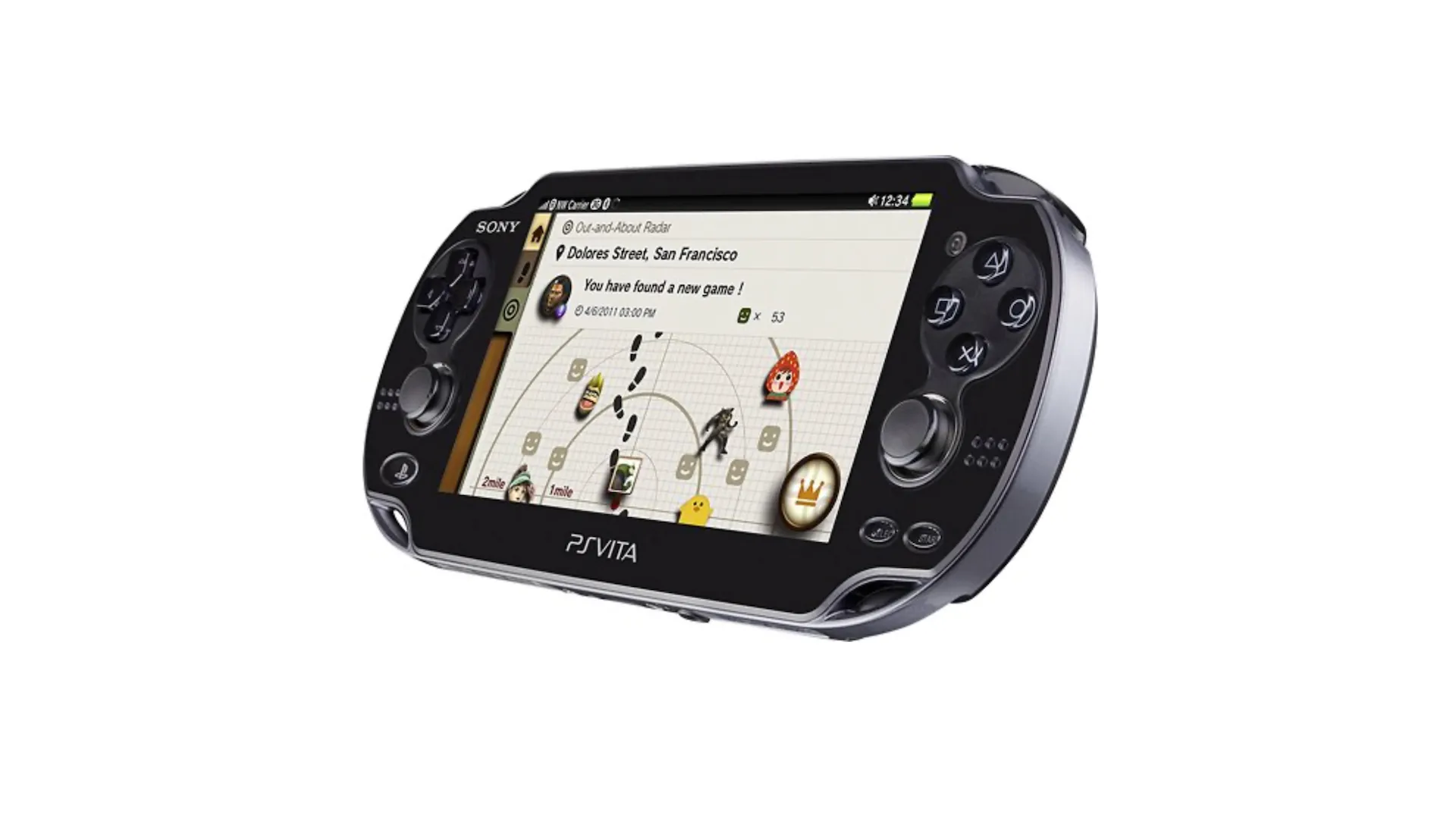 Máy chơi game PlayStation Vita màu đen đang hiển thị một game trên màn hình, được chụp từ góc nghiêng.
