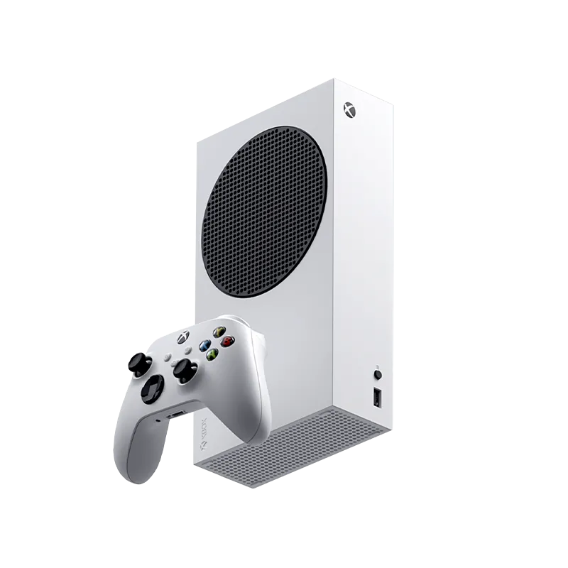 Máy chơi game Xbox Series S màu trắng đi kèm tay cầm, là phiên bản console giá cả phải chăng hơn của Xbox nhưng hiệu năng hạn chế