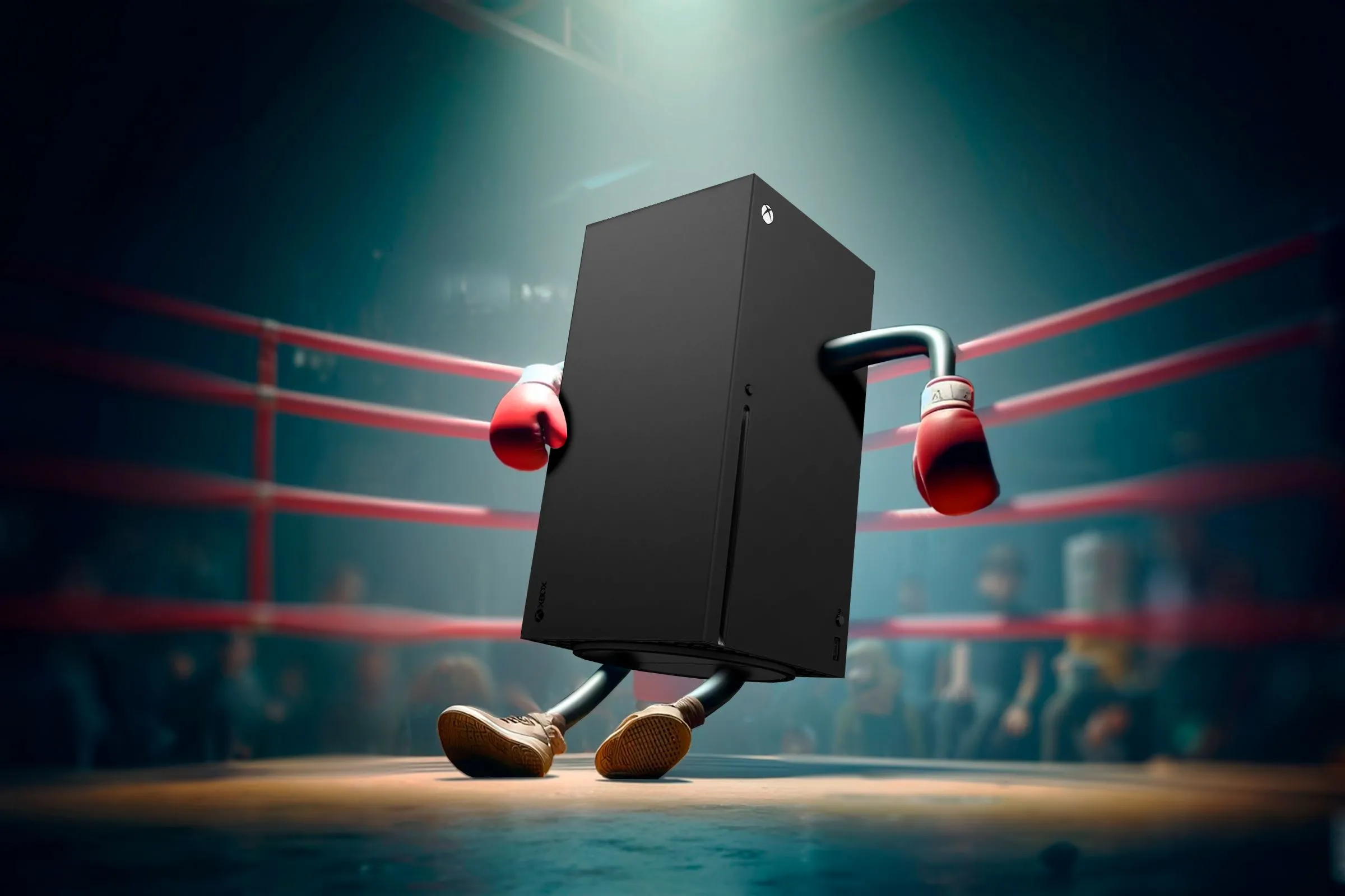 Máy chơi game Xbox Series X nằm gục trong võ đài quyền Anh, biểu tượng cho vị thế yếu thế của Xbox trong cuộc chiến console về doanh số phần cứng