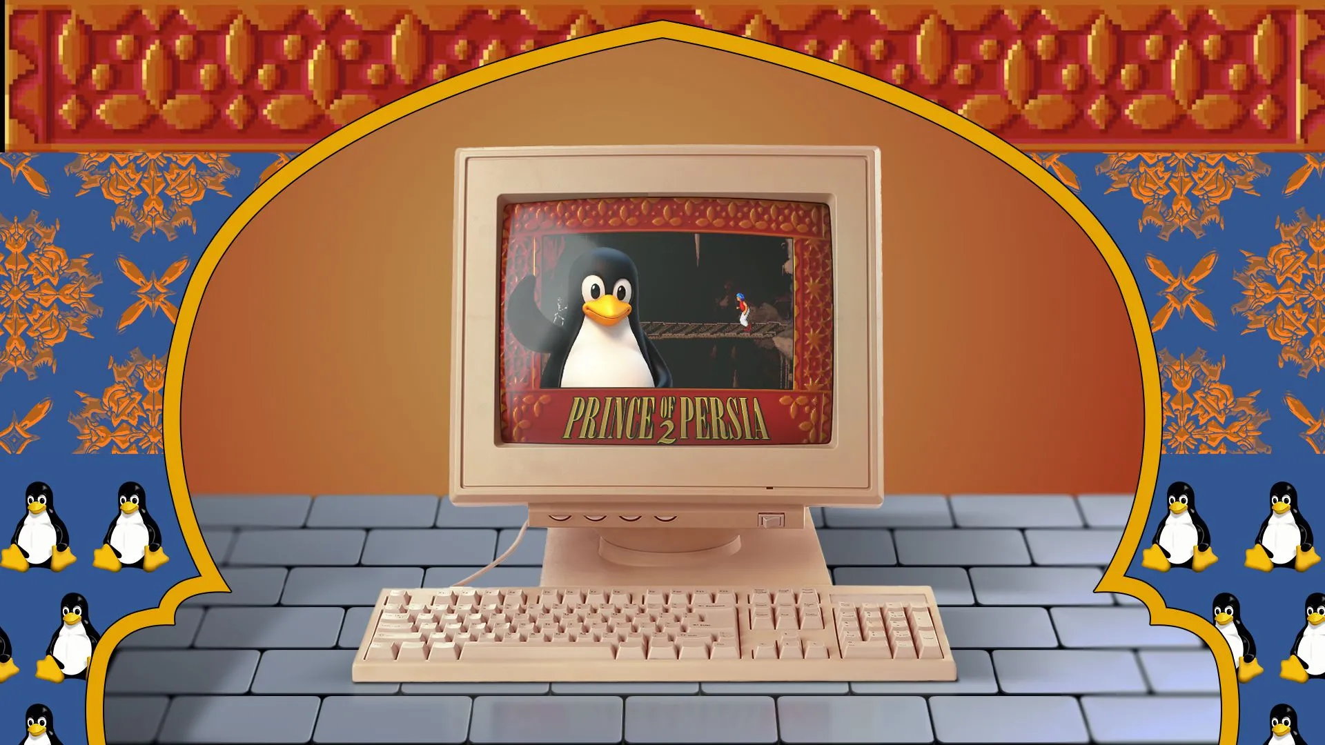Máy tính cá nhân cổ điển chạy game Prince of Persia 2 và linh vật Tux của Linux trên màn hình, gợi nhớ kỷ nguyên Linux desktop ban đầu còn nhiều thách thức.
