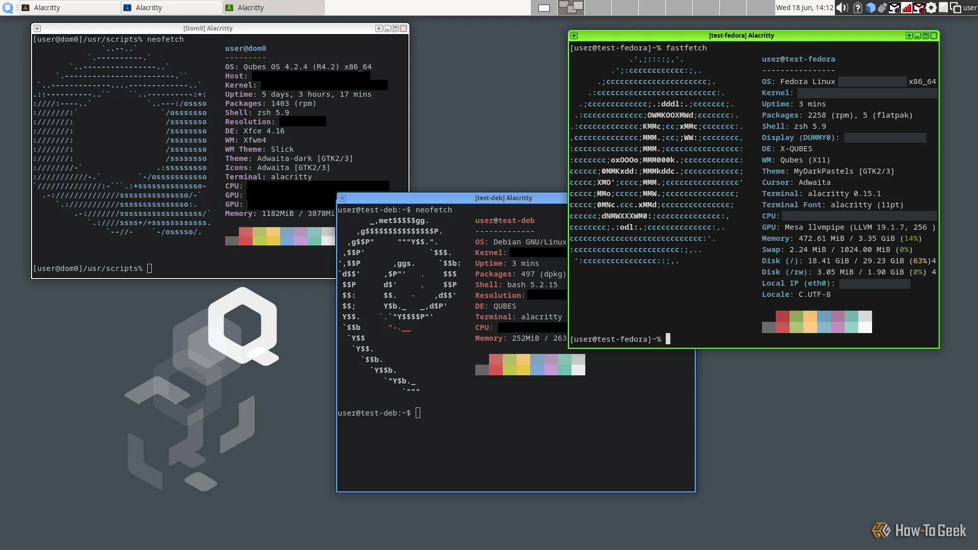 Máy tính để bàn Qubes hiển thị ba cửa sổ terminal, mỗi cửa sổ chạy một hệ điều hành Linux khác nhau (Qubes, Debian, Fedora), minh họa khả năng chạy nhiều distro.