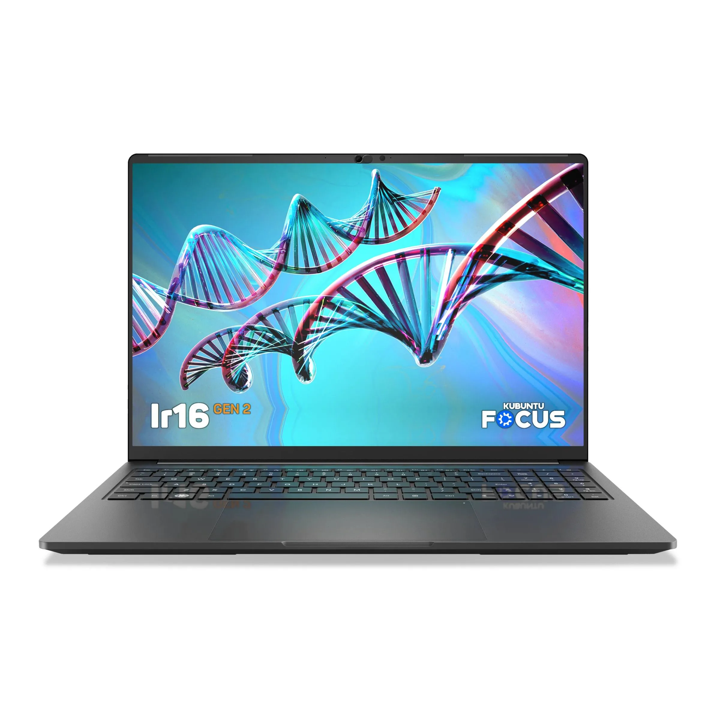 Máy tính xách tay Kubuntu Focus Ir16 Gen 2 trên nền trắng.