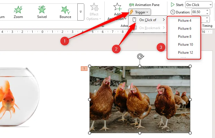 Menu Trigger của PowerPoint đang mở, hiển thị các tùy chọn kích hoạt và danh sách các đối tượng không tên trên slide, gây khó khăn khi thiết lập trigger