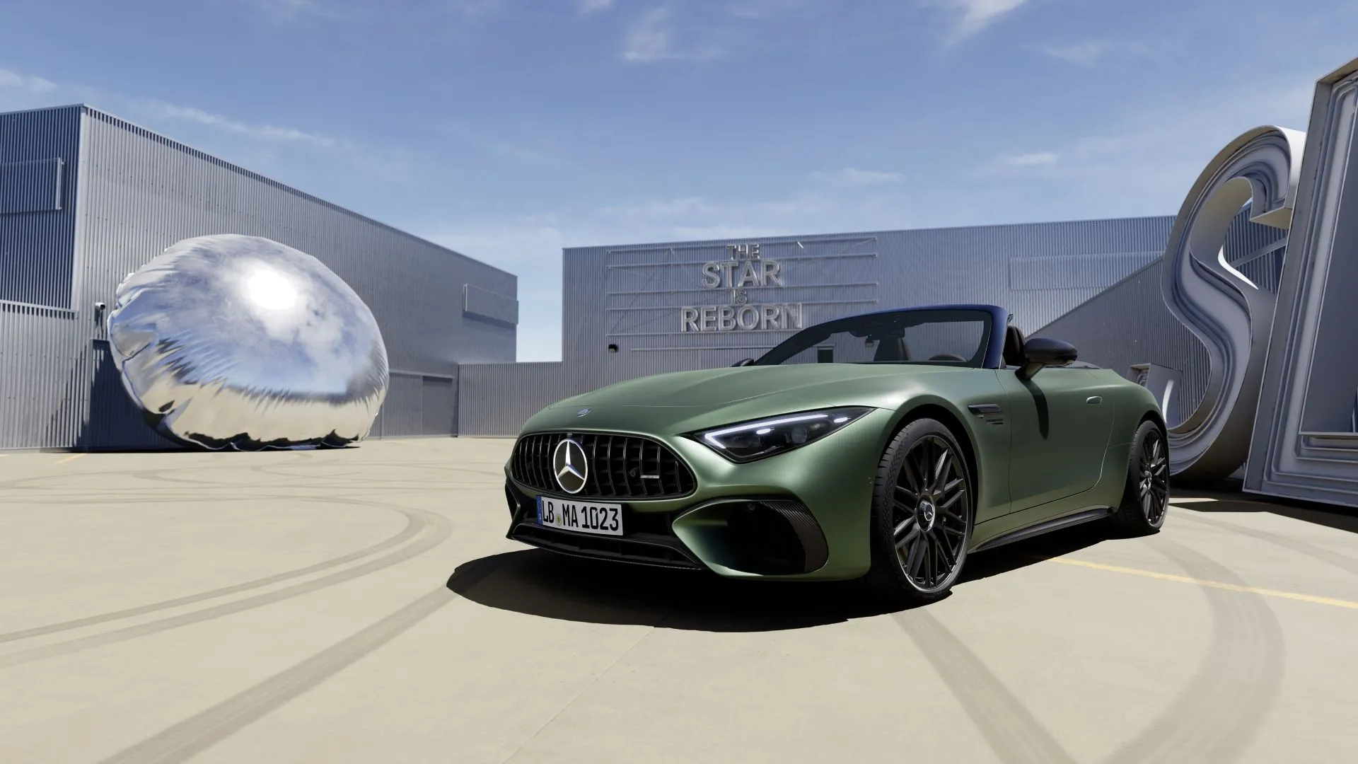 Mercedes-AMG SL 2025 màu xanh nhìn từ góc 3/4 phía trước, biểu tượng xe thể thao hạng sang mất giá
