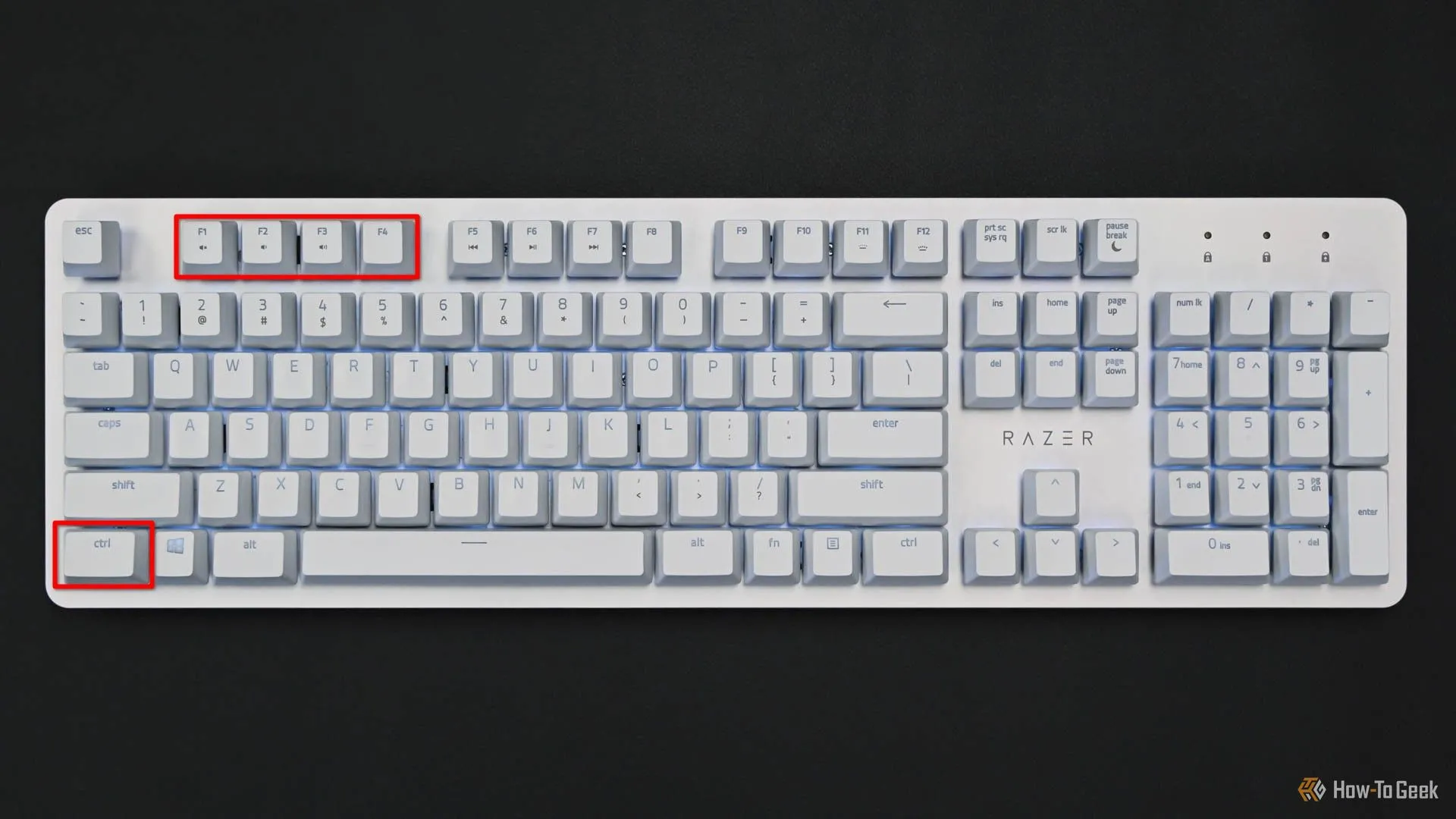 Minh họa bàn phím với các phím Ctrl và dãy phím chức năng F1-F4 được làm nổi bật màu đỏ, chỉ ra phím tắt chuyển đổi giữa các màn hình ảo trên KDE Plasma.