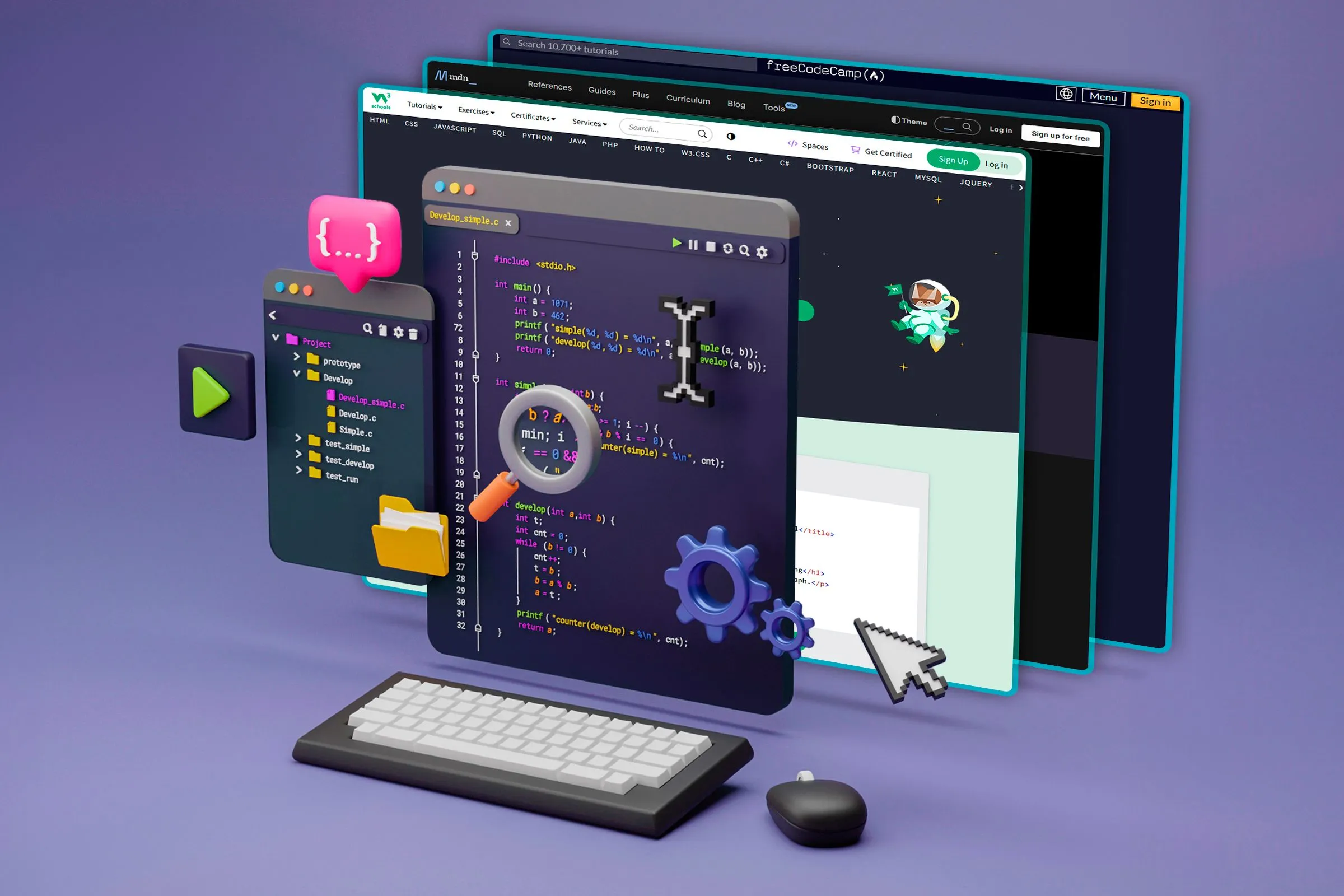 Minh họa giao diện môi trường phát triển tích hợp (IDE) với nhiều dòng mã lệnh và các trang web phía sau, thể hiện quá trình học lập trình theo lộ trình.