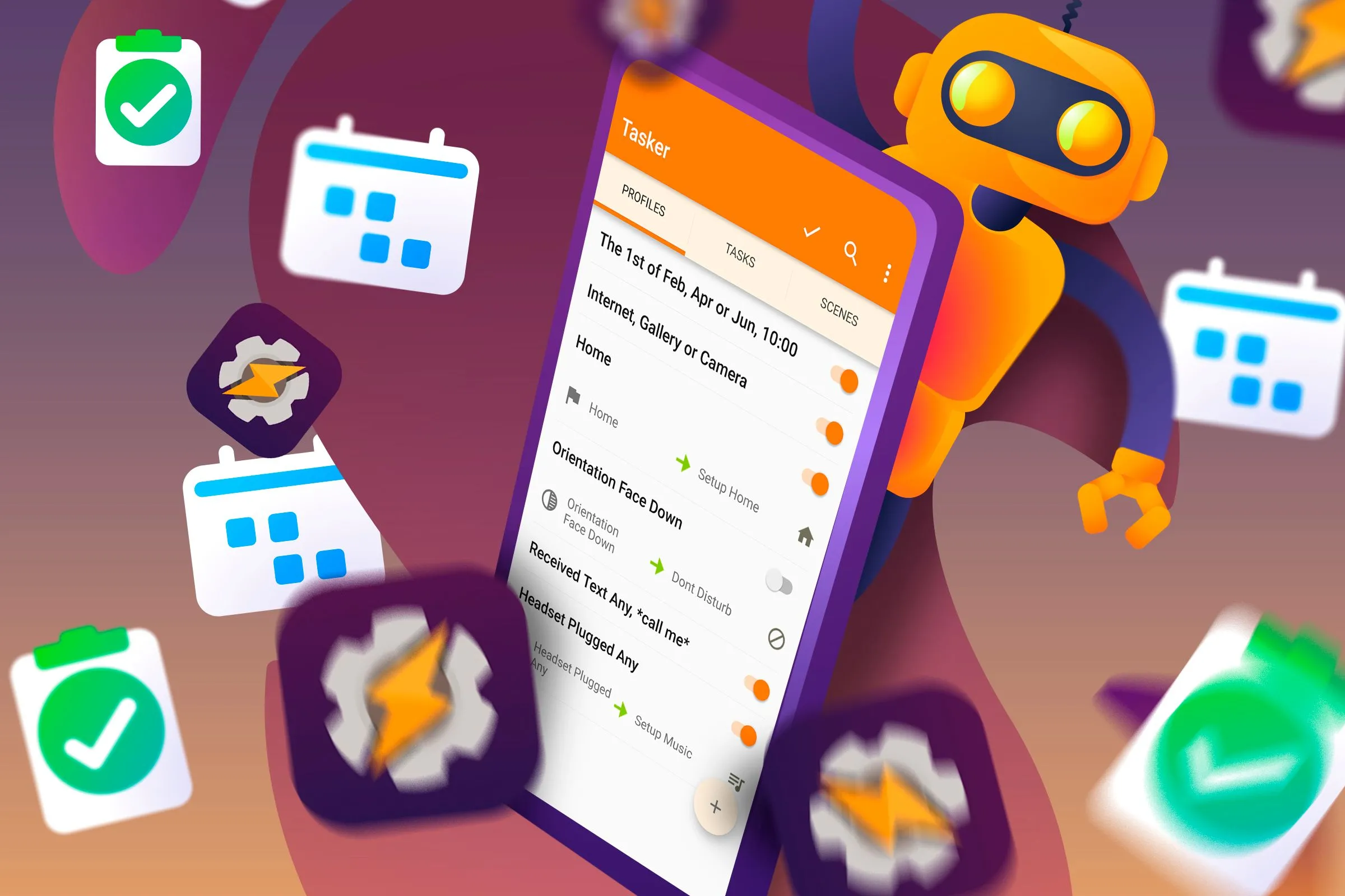 Minh họa một chiếc điện thoại Android với các biểu tượng tự động hóa xung quanh, đại diện cho khả năng tùy chỉnh của Tasker.