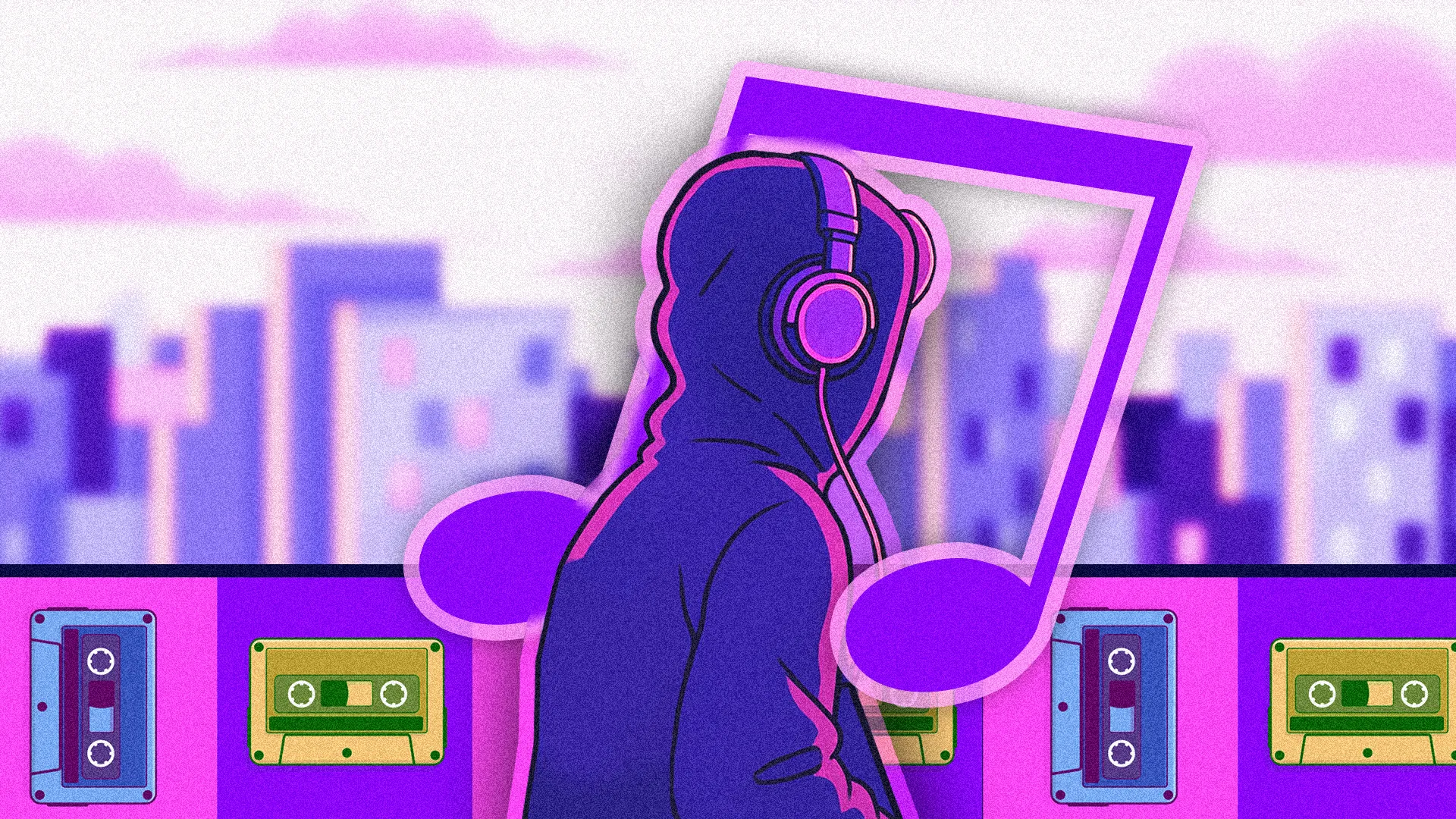 Minh họa phong cách lo-fi với hình ảnh một người trẻ đang đeo tai nghe, xung quanh là băng cassette và phông nền thành phố mờ ảo, gợi lên không khí thư giãn và tập trung.