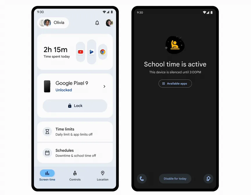 Mô phỏng tính năng Giờ học (School Time) của Google Family Link giúp trẻ tập trung trong giờ học.