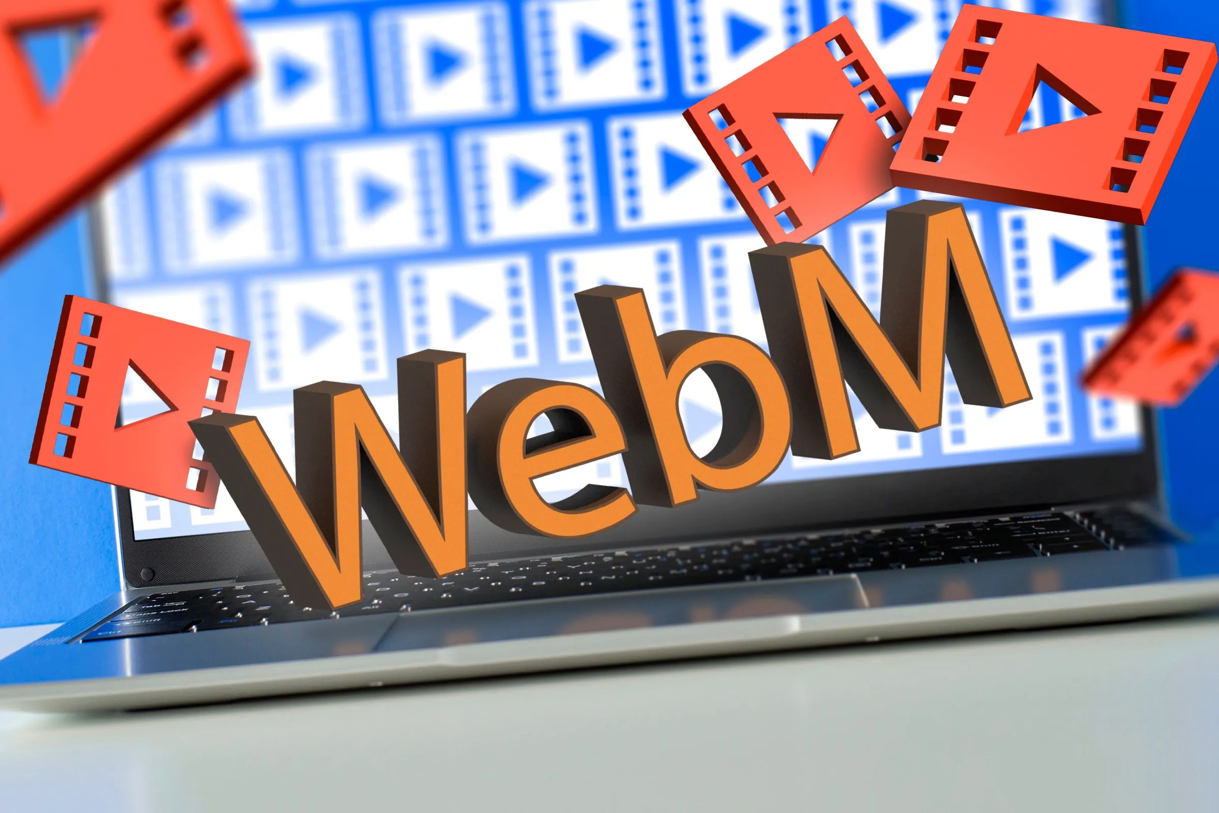 Mô tả laptop cùng các biểu tượng tệp video định dạng MP4 và WEBM, nhấn mạnh sự đa dạng và hiệu quả của các định dạng video hiện đại so với GIF.