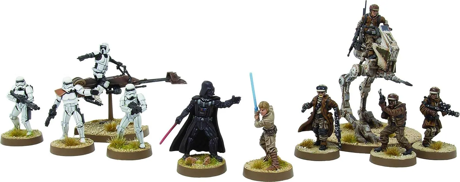 Một bộ sưu tập mô hình nhân vật và quân đội của Star Wars Legion được sắp xếp trên bàn chơi.