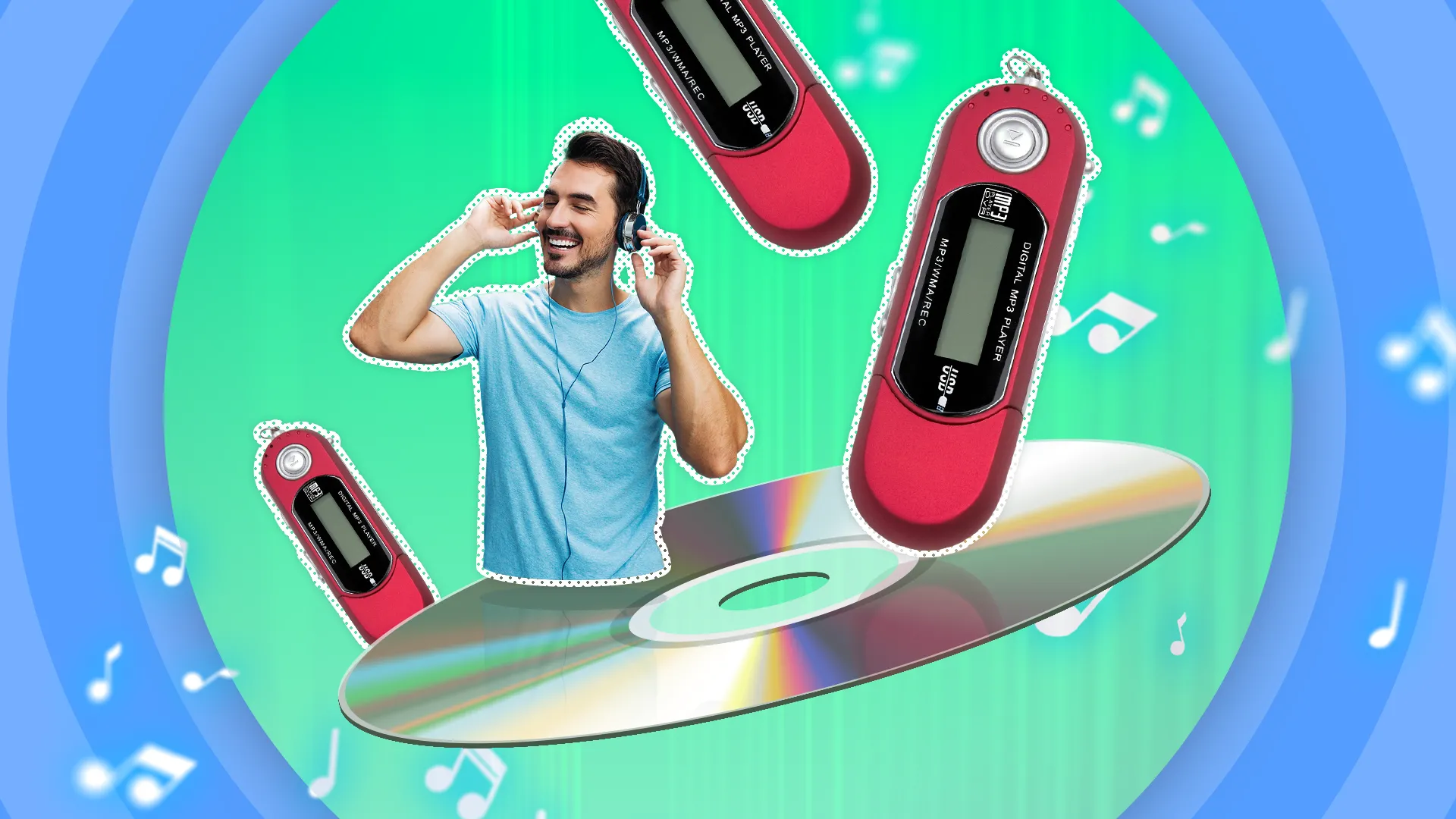 Một chiếc đĩa CD cũ bên cạnh một số máy nghe nhạc MP3 và một người đàn ông đang nghe nhạc bằng tai nghe.