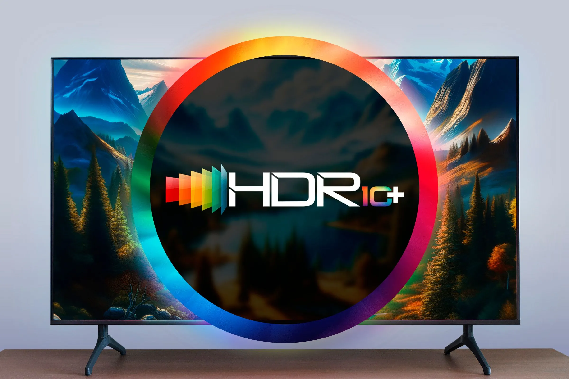 Một chiếc TV hiện đại hiển thị biểu tượng HDR10+ với vòng tròn màu sắc