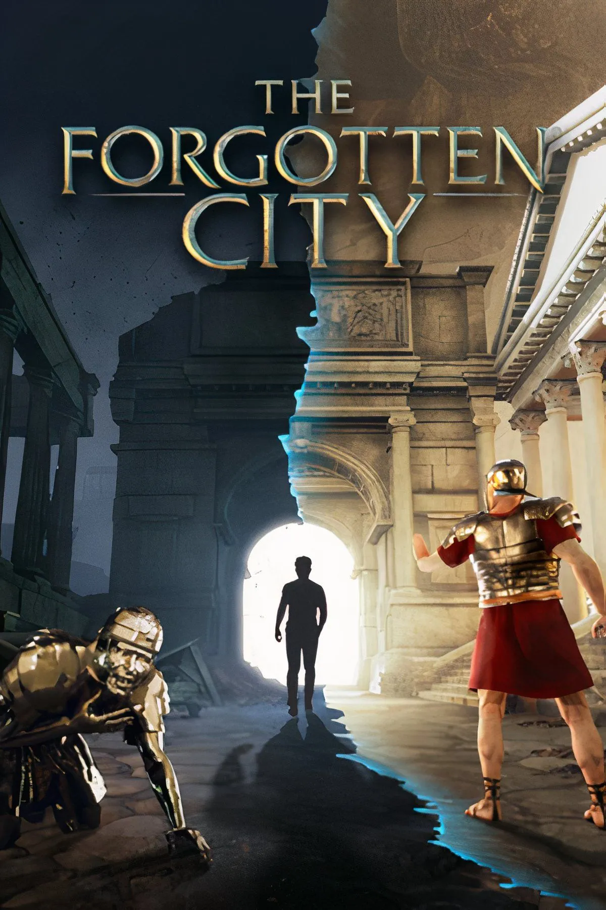 Một con đường đá cổ kính trong The Forgotten City với kiến trúc La Mã và thác nước