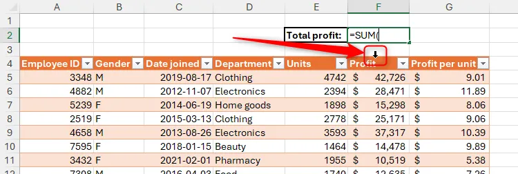 Một công thức SUM trong Excel đã được tạo, và con trỏ đã biến thành mũi tên đen chỉ xuống khi chuột di chuyển qua tên cột trong bảng Excel