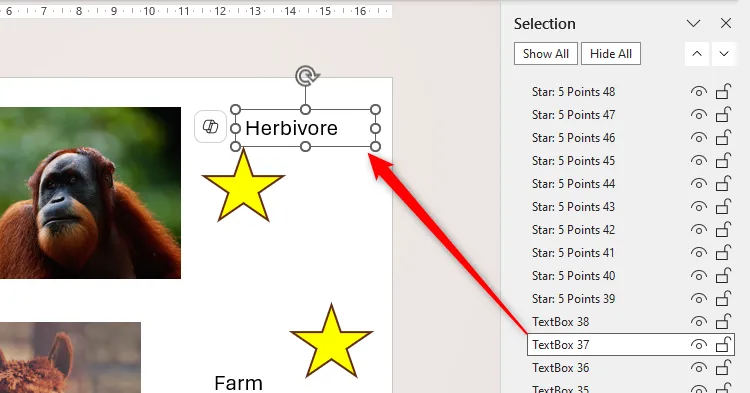 Một đối tượng được chọn trong Selection Pane và được làm nổi bật trên slide PowerPoint, giúp dễ dàng xác định để đổi tên