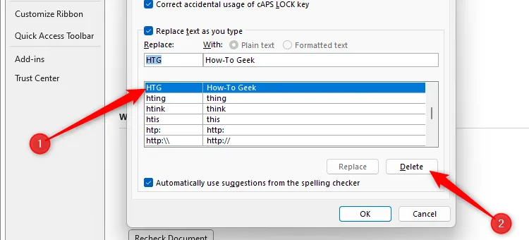 Một mục AutoCorrect đã tạo được chọn trong danh sách và nút &quot;Delete&quot; (Xóa) được tô sáng, hướng dẫn cách loại bỏ các mục tự động sửa lỗi không cần thiết trong Microsoft Word.