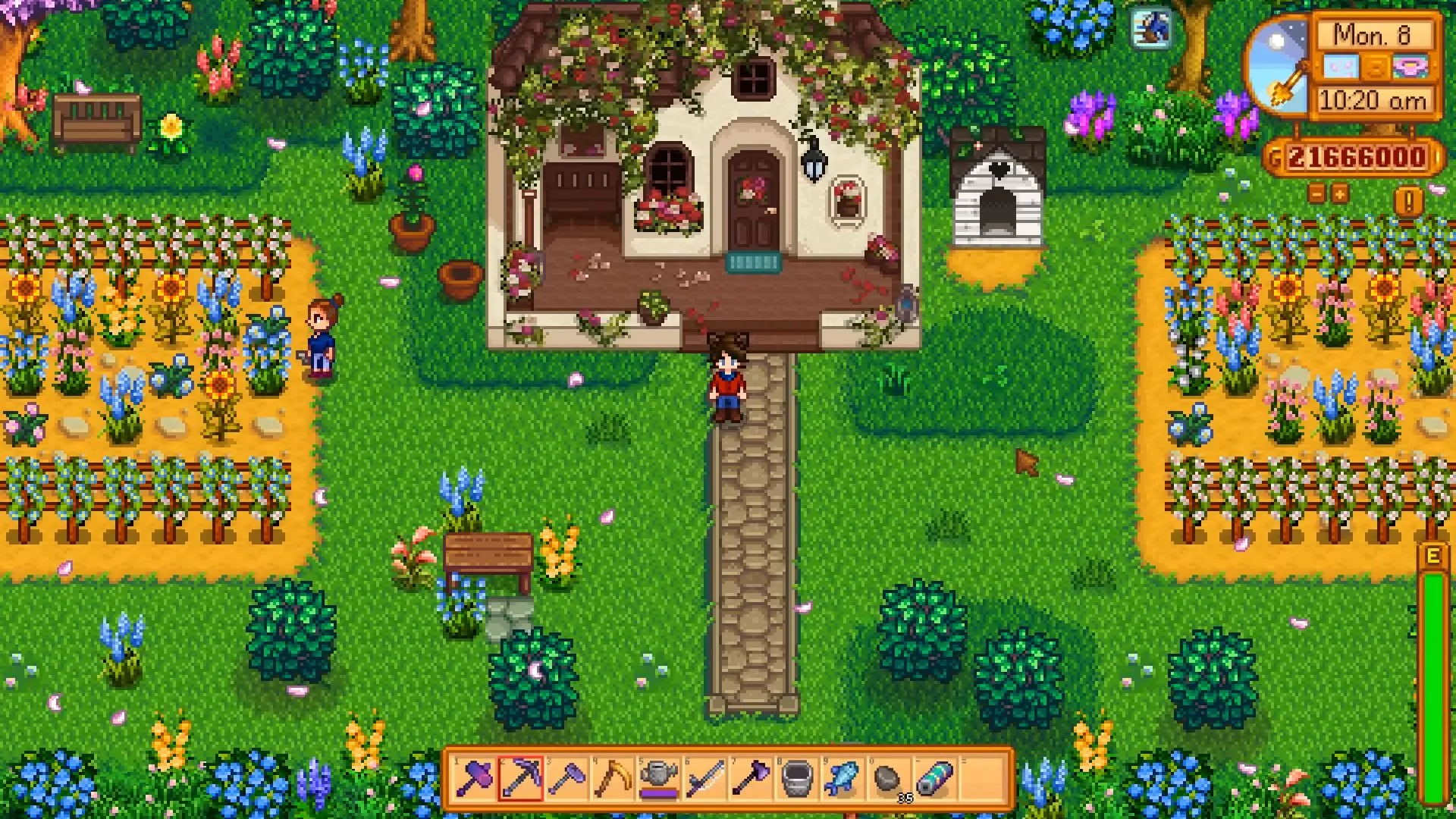 Một người chơi Stardew Valley đứng trước ngôi nhà phủ đầy cây thường xuân với hai vườn hoa đẹp ở hai bên trong khu vực East Scarp.