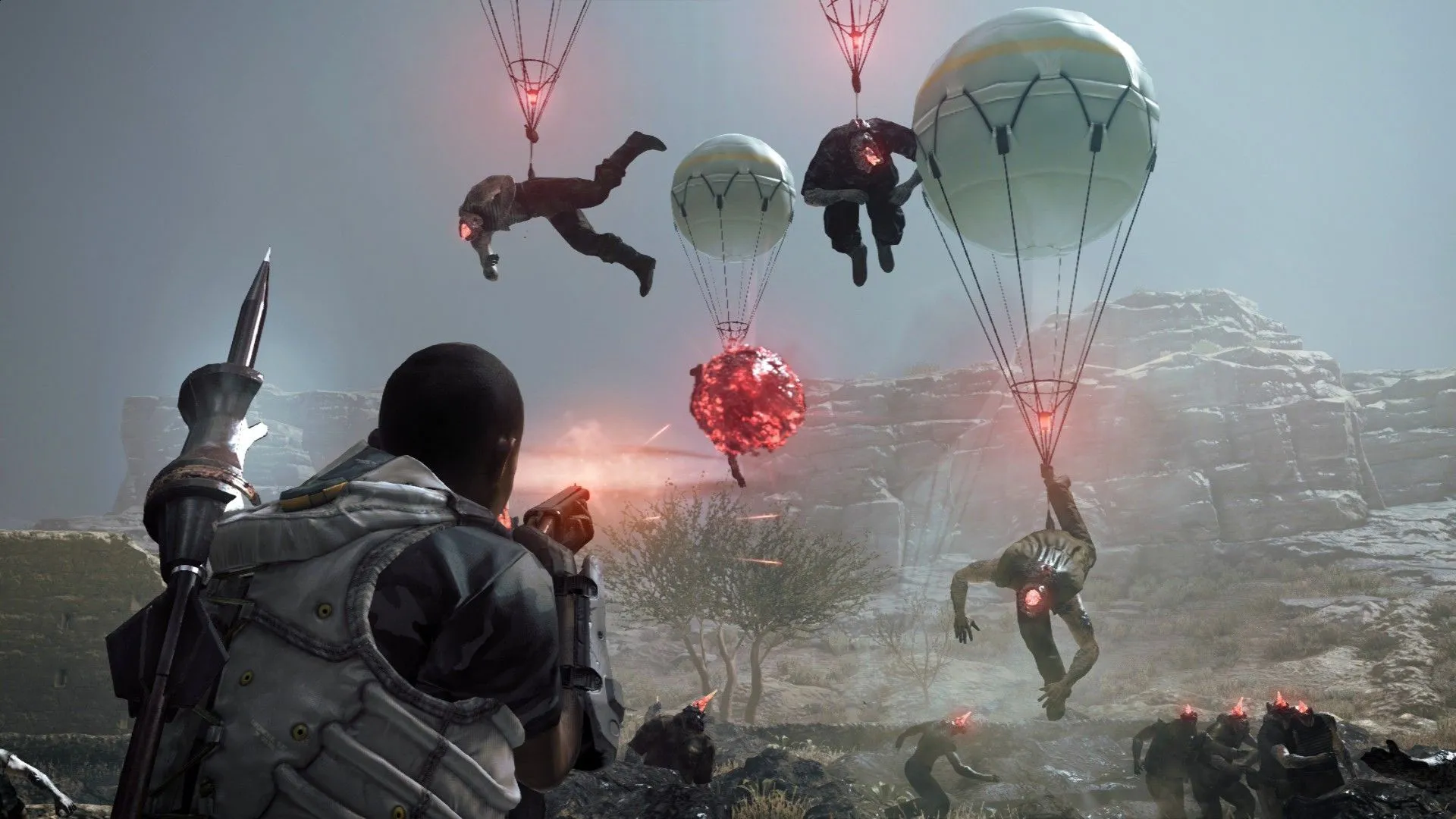 Một người chơi trong Metal Gear Survive đang nhắm bắn vào những quái vật bị nâng lên bởi bóng bay, minh họa cho phần spin-off gây tranh cãi của series Metal Gear Solid không có sự tham gia của Hideo Kojima.