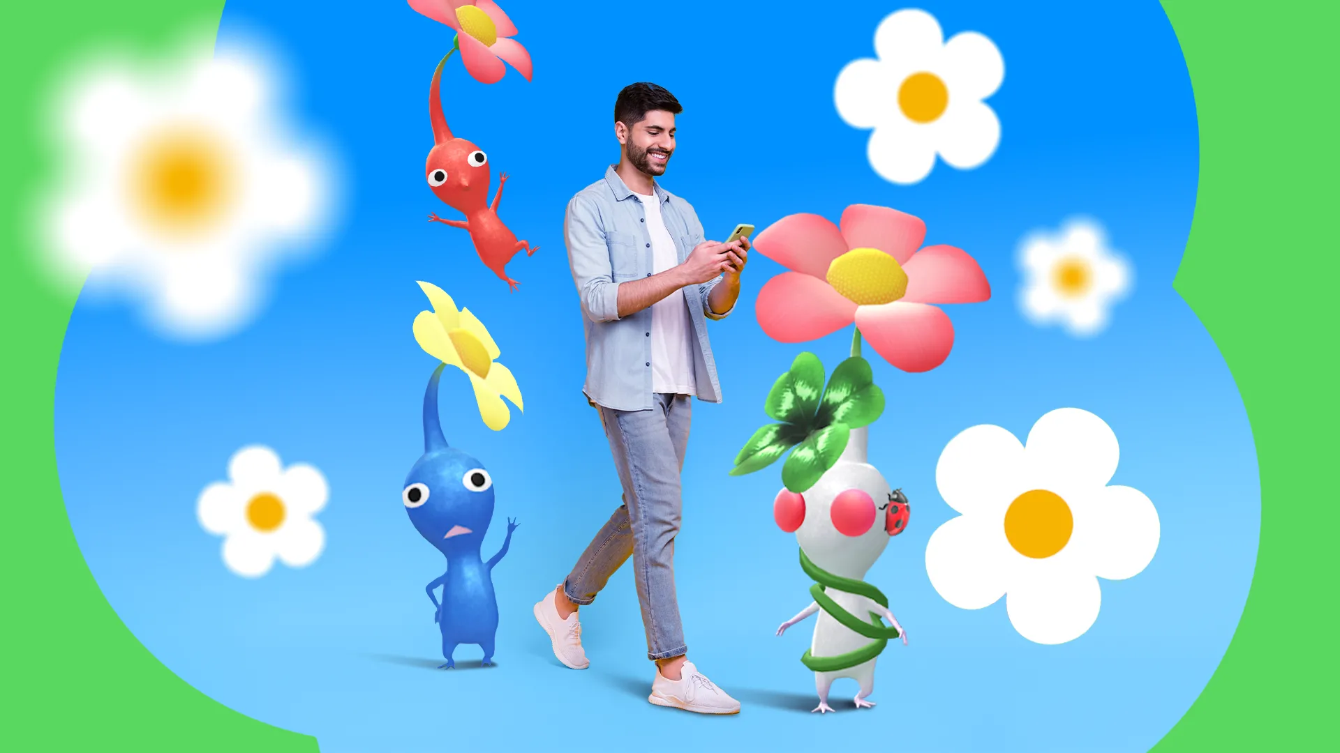 Một người đàn ông đang đi bộ và sử dụng điện thoại, xung quanh là các nhân vật Pikmin Bloom và hoa hoạt hình, minh họa việc chơi game kết hợp vận động.