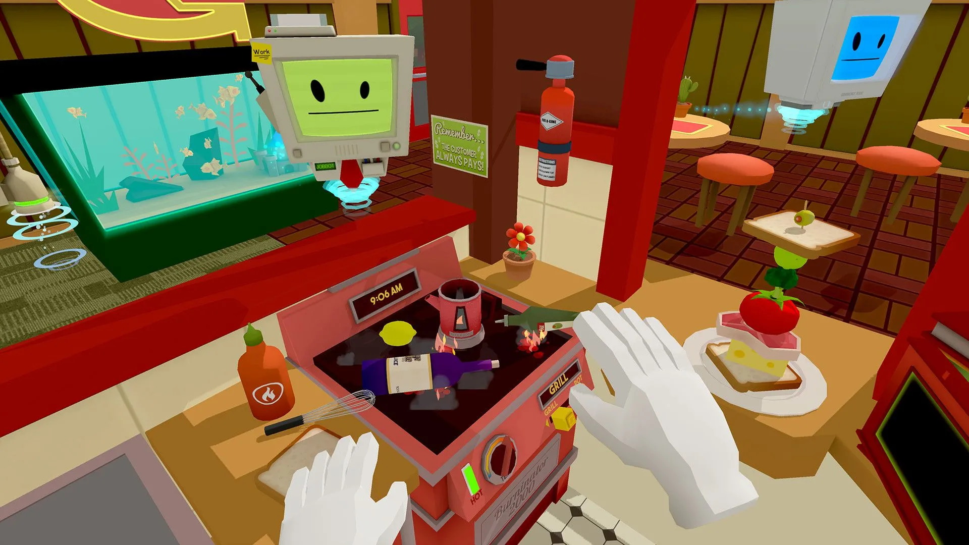 Một người máy đang chỉ dẫn trong Job Simulator, với môi trường công sở hài hước được tái hiện trong thực tế ảo.