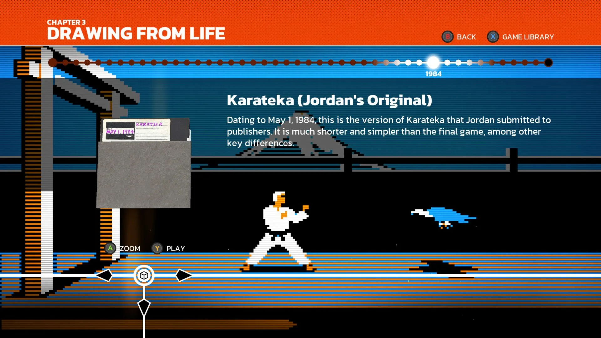 Một nguyên mẫu game Karateka được hiển thị trên dòng thời gian tương tác trong The Making of Karateka