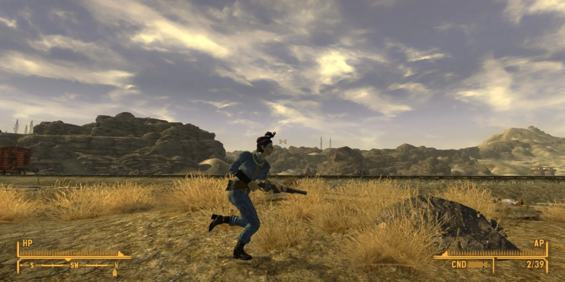 Một nhân vật đang chạy trong game Fallout: New Vegas sau khi cài đặt mod Just Vanilla Sprint, thể hiện khả năng di chuyển linh hoạt