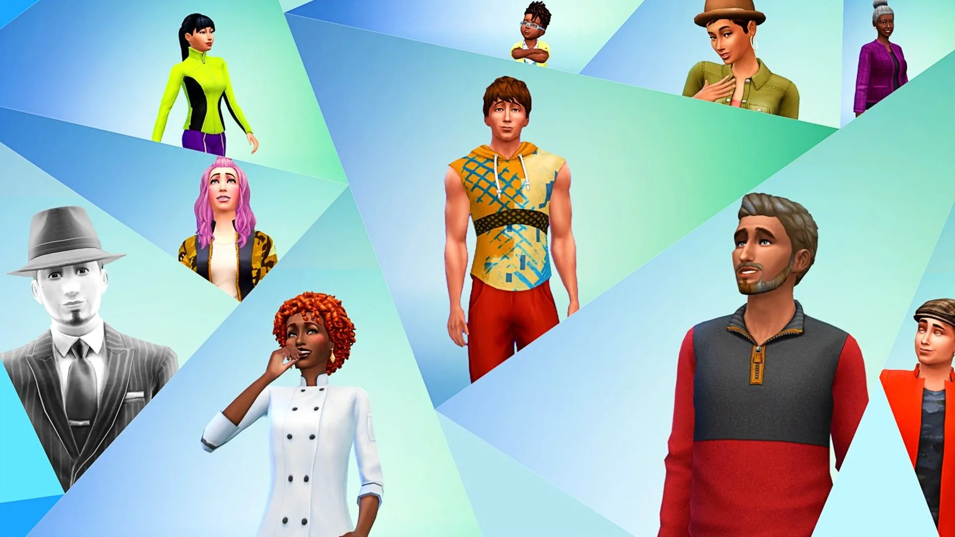 Một nhóm các Sims được tạo hình đang nhìn quanh trong The Sims 4, thể hiện khả năng tùy biến nhân vật