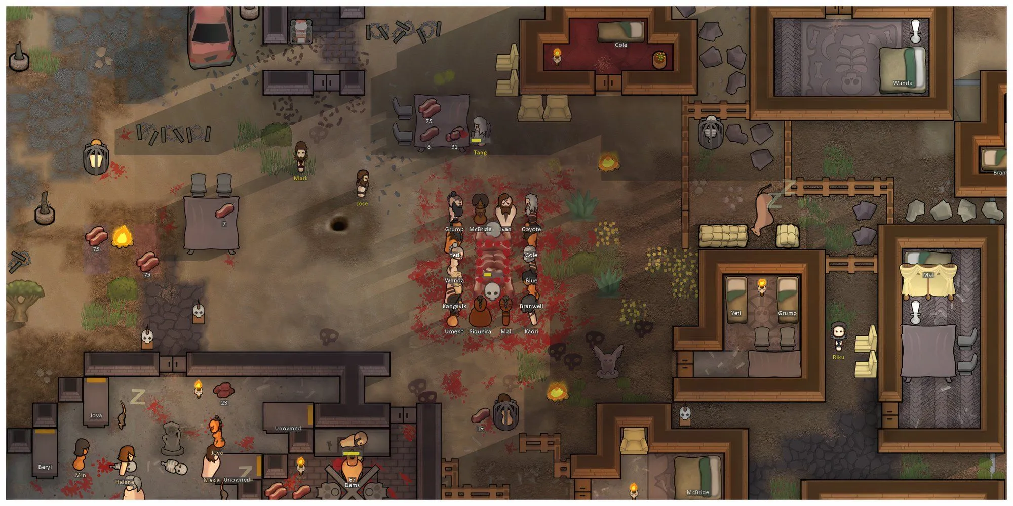 Một phân cảnh trong game Rimworld, phiên bản Ideology, hiển thị các nhân vật cultist và môi trường thuộc địa
