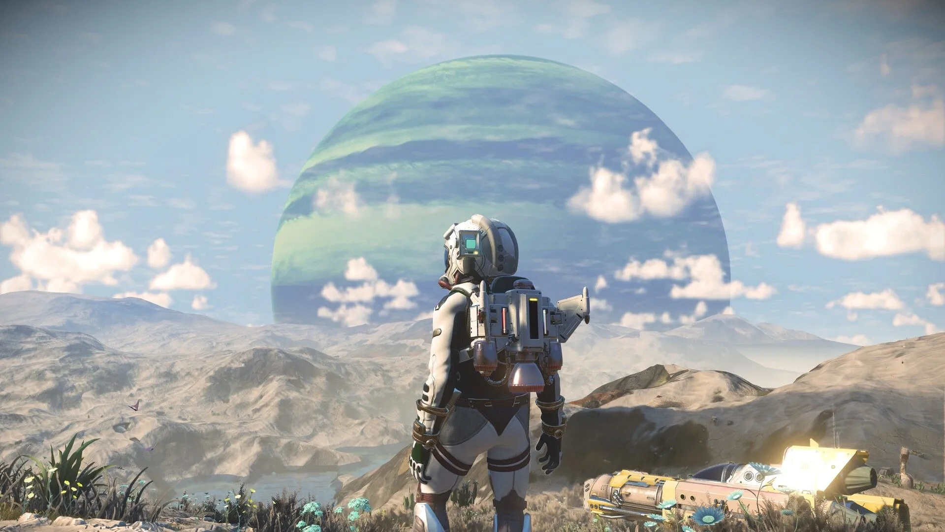 Một phi hành gia nhìn ra quang cảnh hành tinh lạ trong No Man's Sky, game khám phá vũ trụ độc đáo của Hello Games.