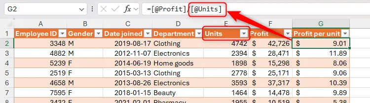 Một tham chiếu có cấu trúc trong Excel đã thích ứng với sự thay đổi tên cột