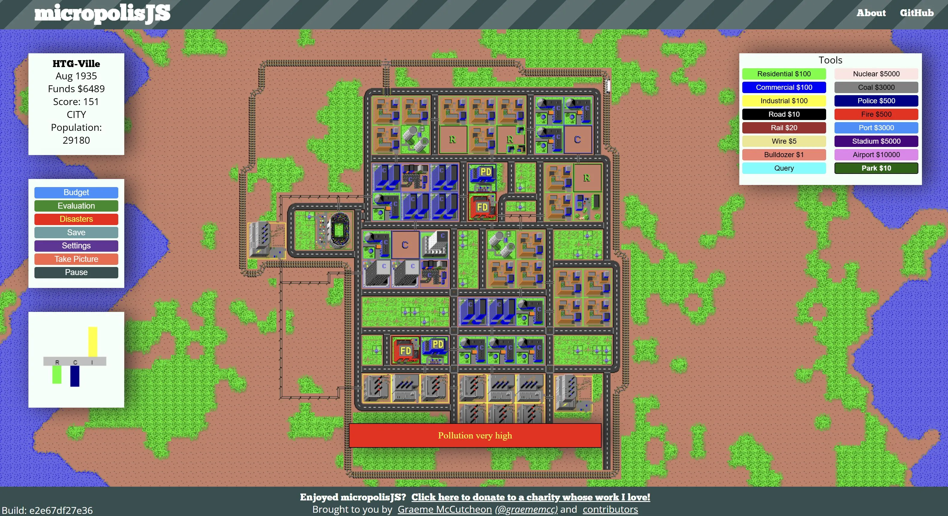Một thành phố được quản lý tệ hại trong bản port trình duyệt của SimCity: micropolisJS