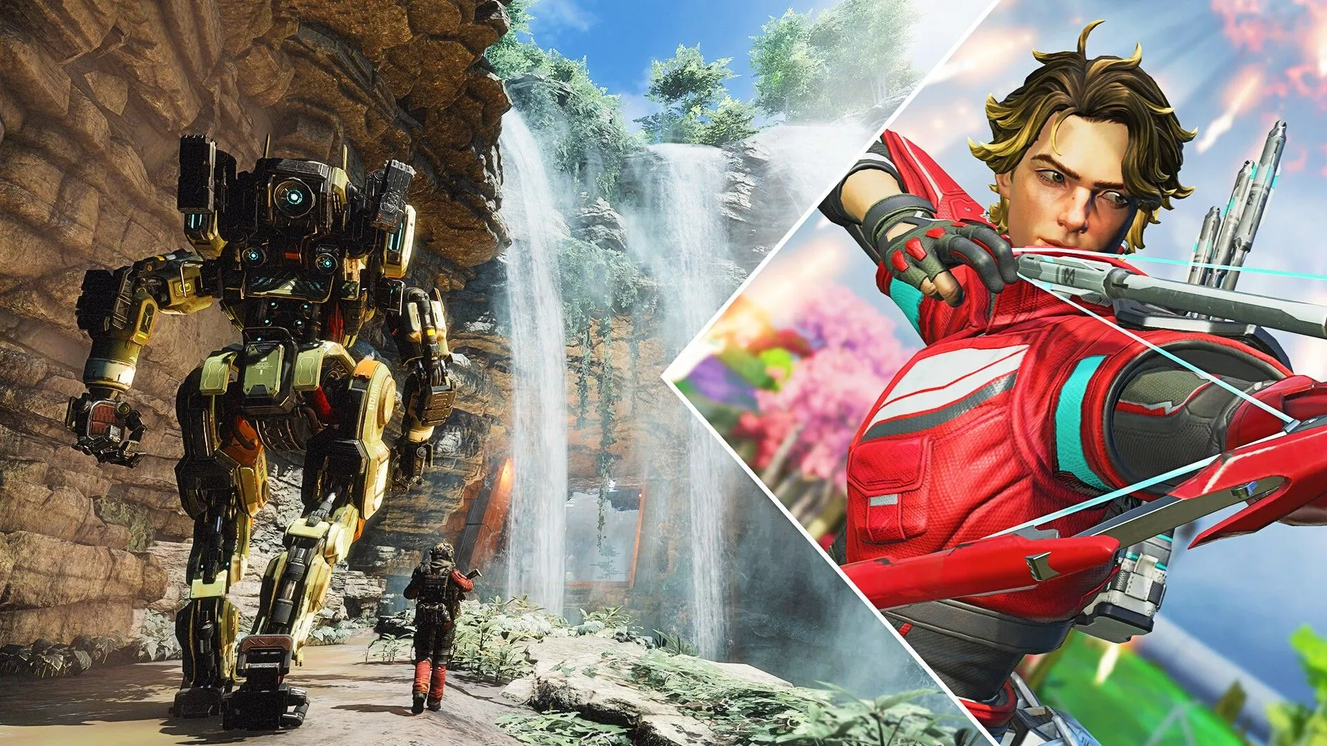 Một Titan và nhân vật từ Titanfall 2 bên cạnh một nhân vật từ Apex Legends