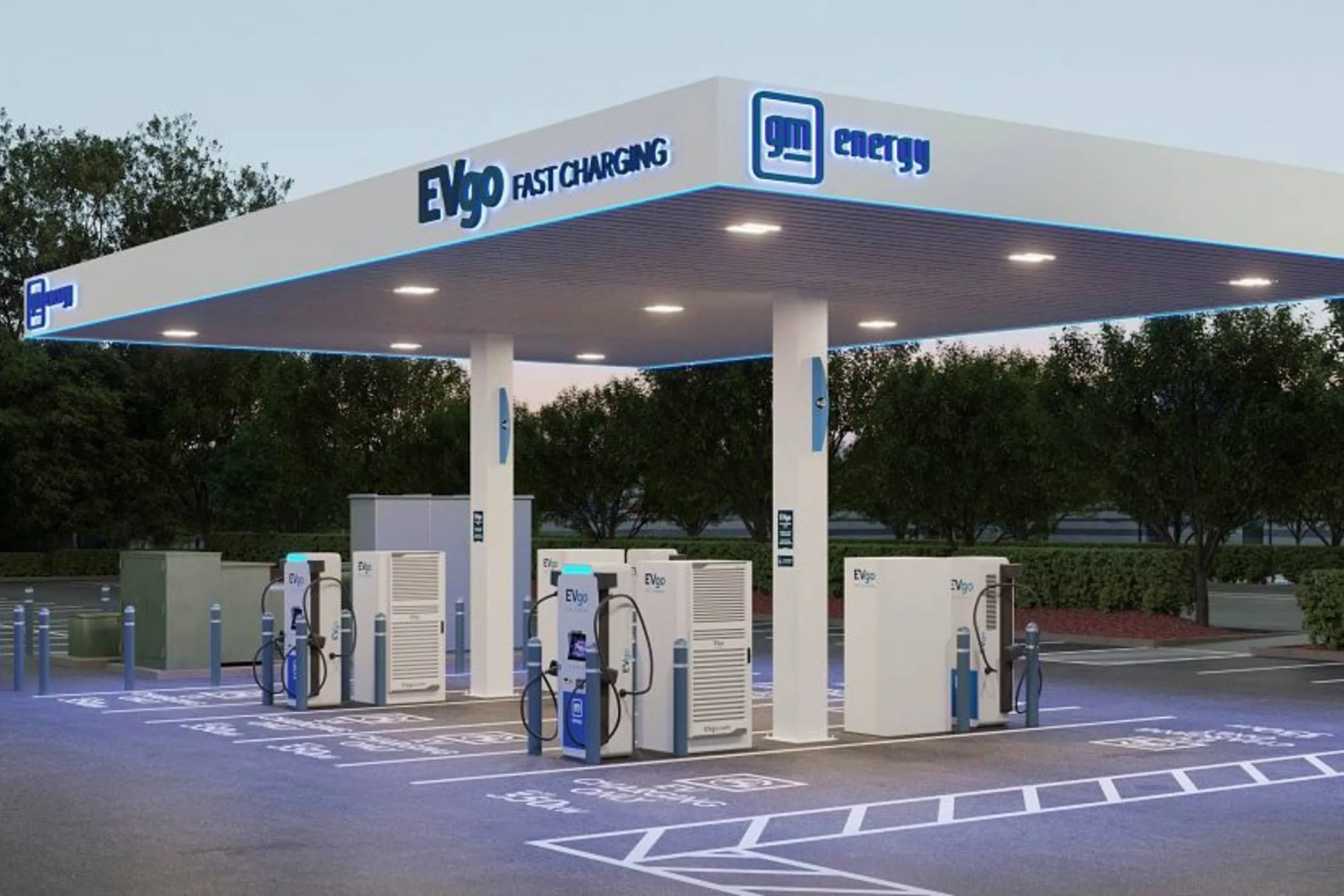 Một trạm sạc nhanh EVgo với tám điểm sạc.