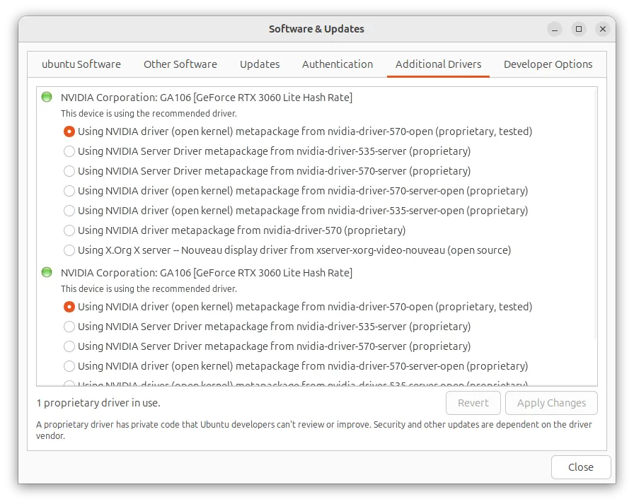 Mục &quot;Additional Drivers&quot; trong Ubuntu Software &amp; Updates, nơi người dùng quản lý và cài đặt driver phần cứng độc quyền