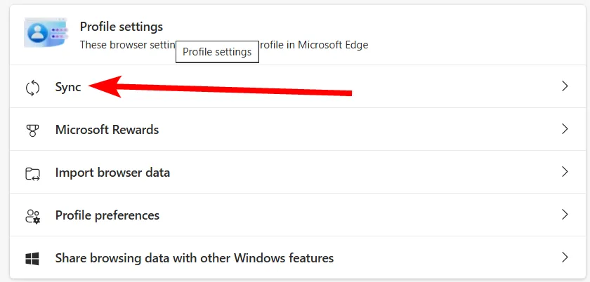 Mục &quot;Đồng bộ hóa&quot; trong cài đặt Hồ sơ của trình duyệt Microsoft Edge