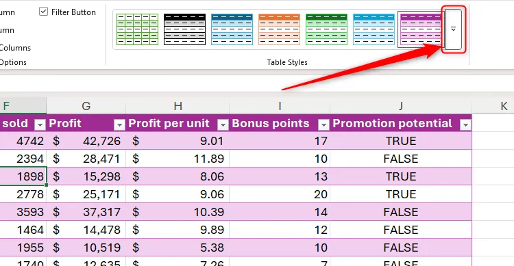 Mũi tên thả xuống trong nhóm Table Styles của tab Table Design trong Excel đã được chọn